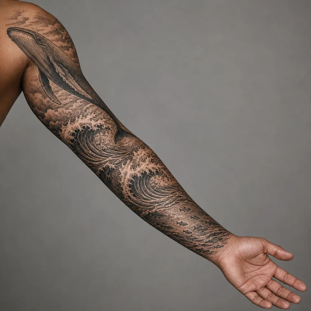 A full sleeve with a whale diving at the shoulder and large shaded breaking waves running down to the wrist, in black ink on warm brown skin.