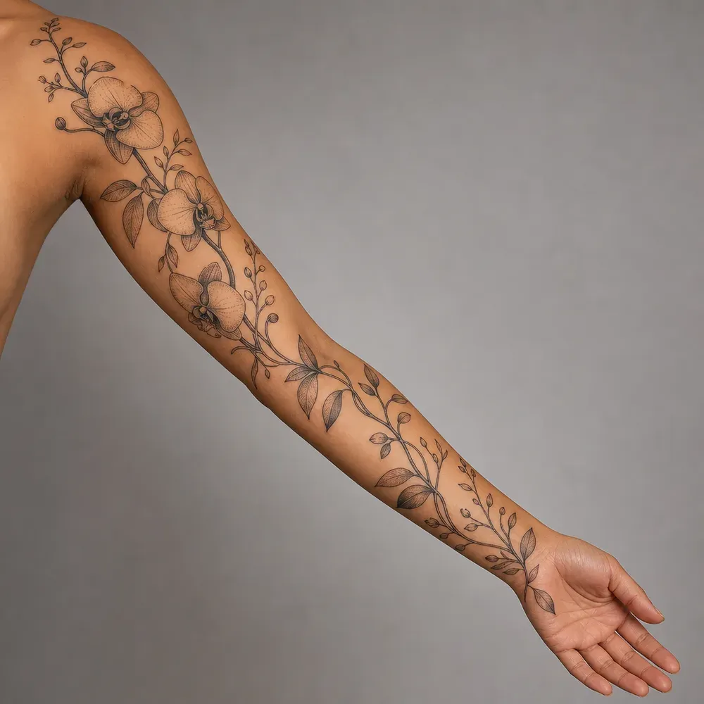 A fine-line orchid vine with open blooms at the shoulder and leaves trailing down the arm to the wrist, on light warm tan skin.