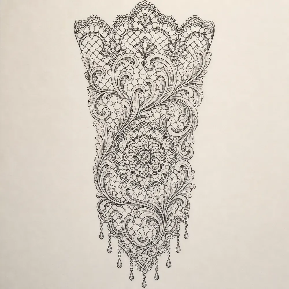 A lace panel in fine black line: a scalloped netted top, large curling acanthus scrolls, a round flower medallion and beaded drops along the bottom edge.