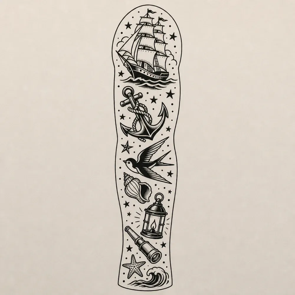 Traditional nautical pieces stacked in an arm outline: a tall ship, an anchor, a swallow, a conch, a lantern, a spyglass, a starfish and a wave.