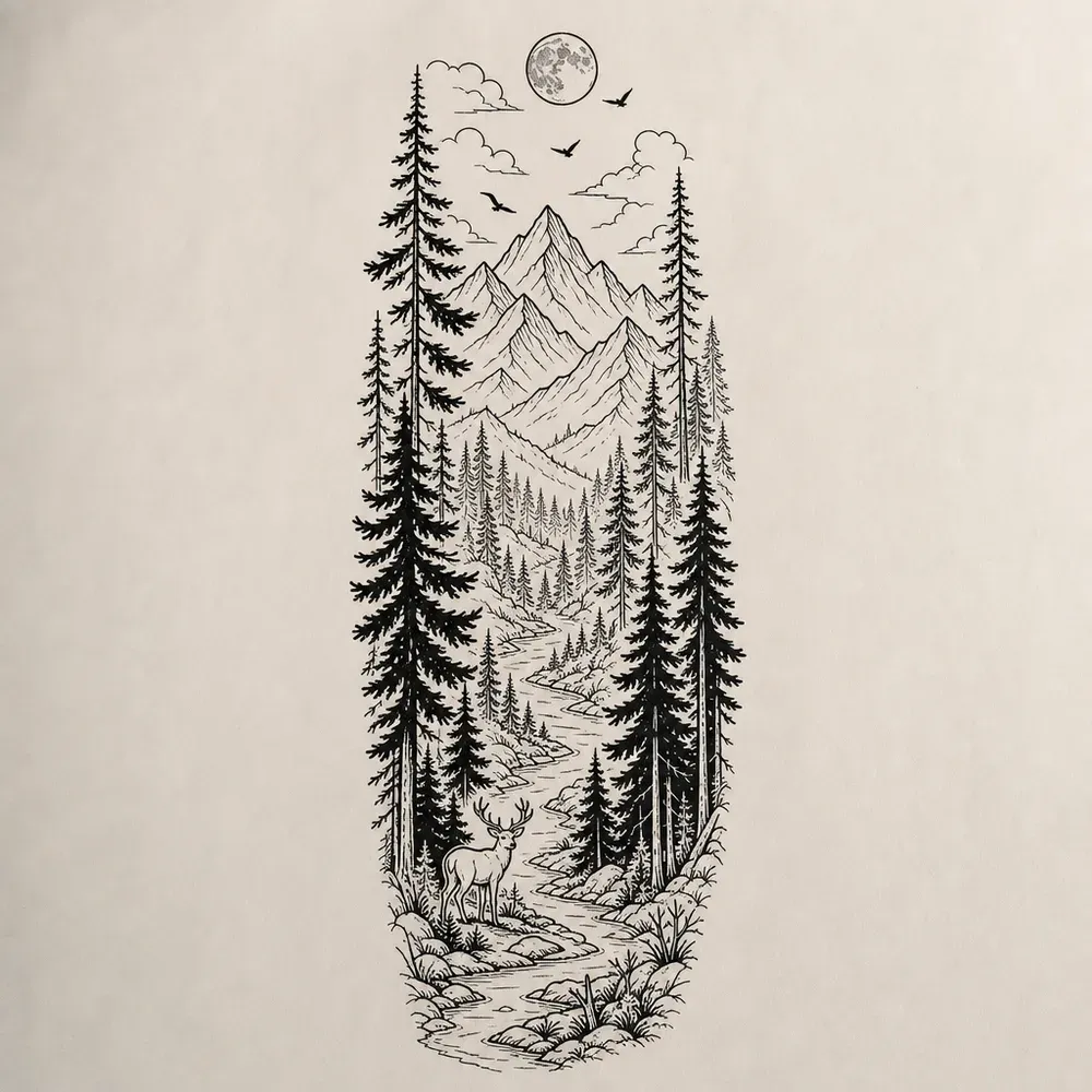 A tall landscape in black line: a full moon and birds over mountain peaks, a river winding through pine forest and a deer standing at the bottom left.