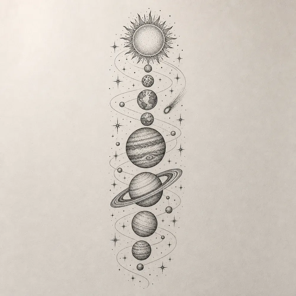 A stippled sun at the top with the planets stacked below it on curving orbit lines, a ringed planet near the middle, small stars and a comet around them.