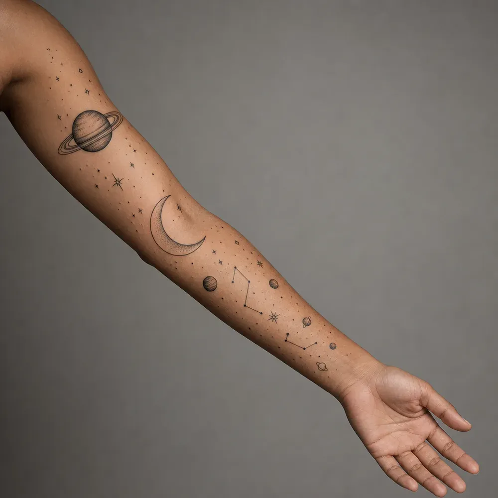 A ringed planet on the upper arm, a crescent moon at the elbow, and small planets, stars and constellation lines down the forearm, on light olive skin.