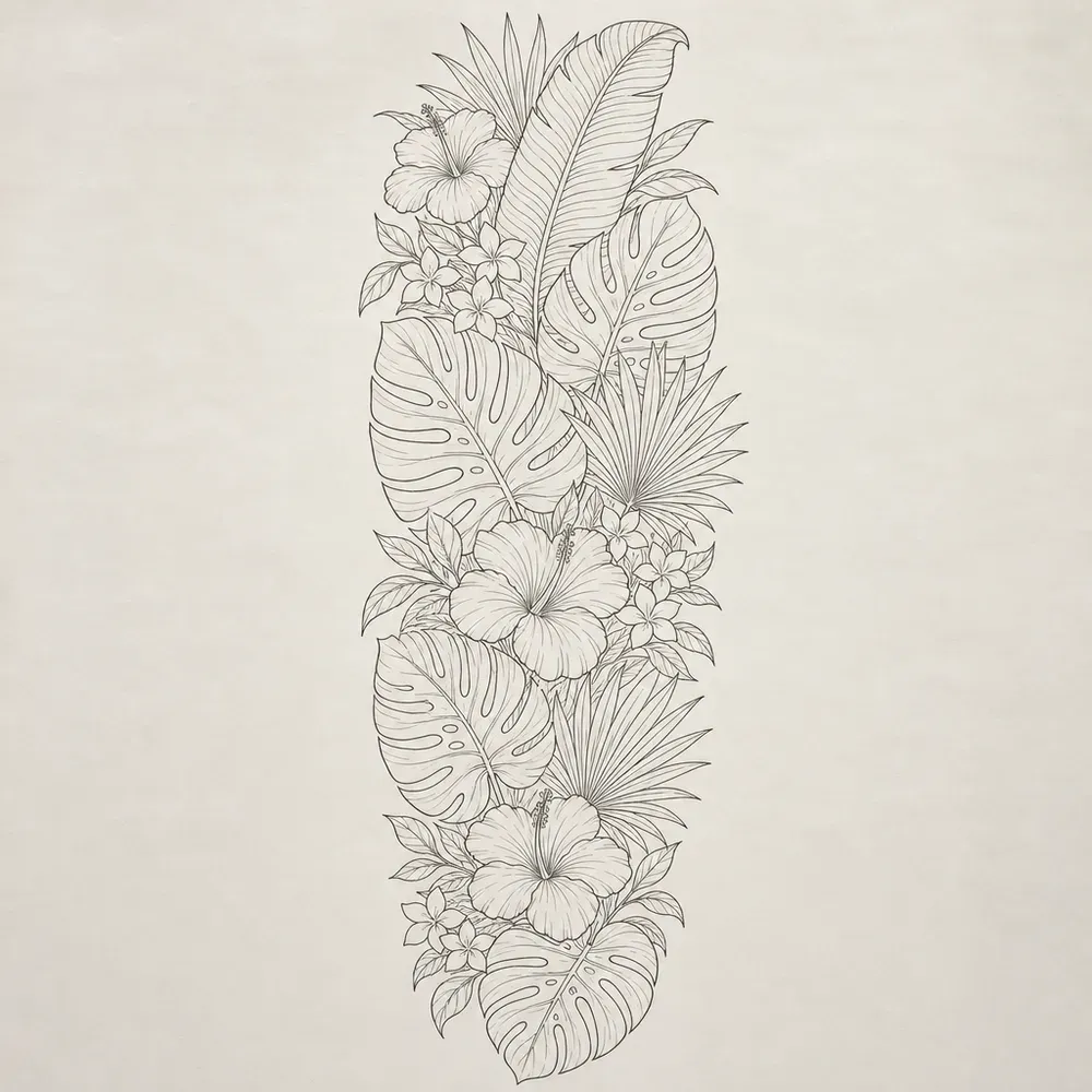 A tall bunch of tropical plants in fine black outline: monstera and banana leaves, fan palm fronds and three open hibiscus flowers among small blossoms.