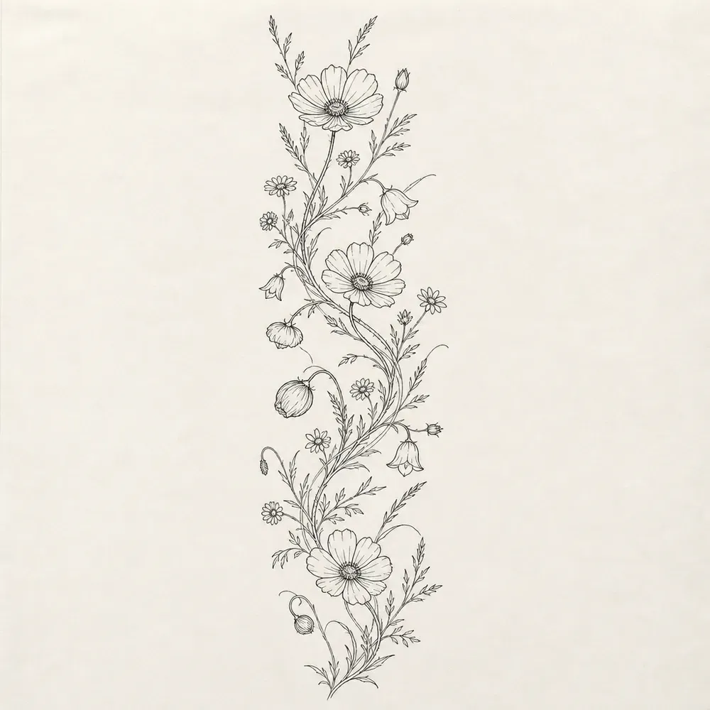 A long winding vine of wildflowers in fine black line, three large cosmos-like blooms with bell flowers, poppy buds and small daisies along it.