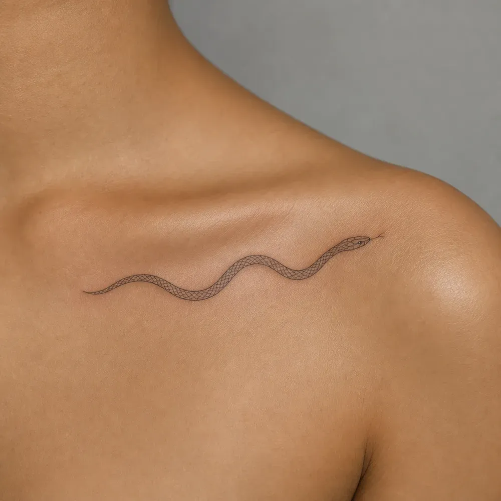 A slim fine-line snake in shallow waves tattooed just below the collarbone of medium tan skin, its head toward the shoulder.