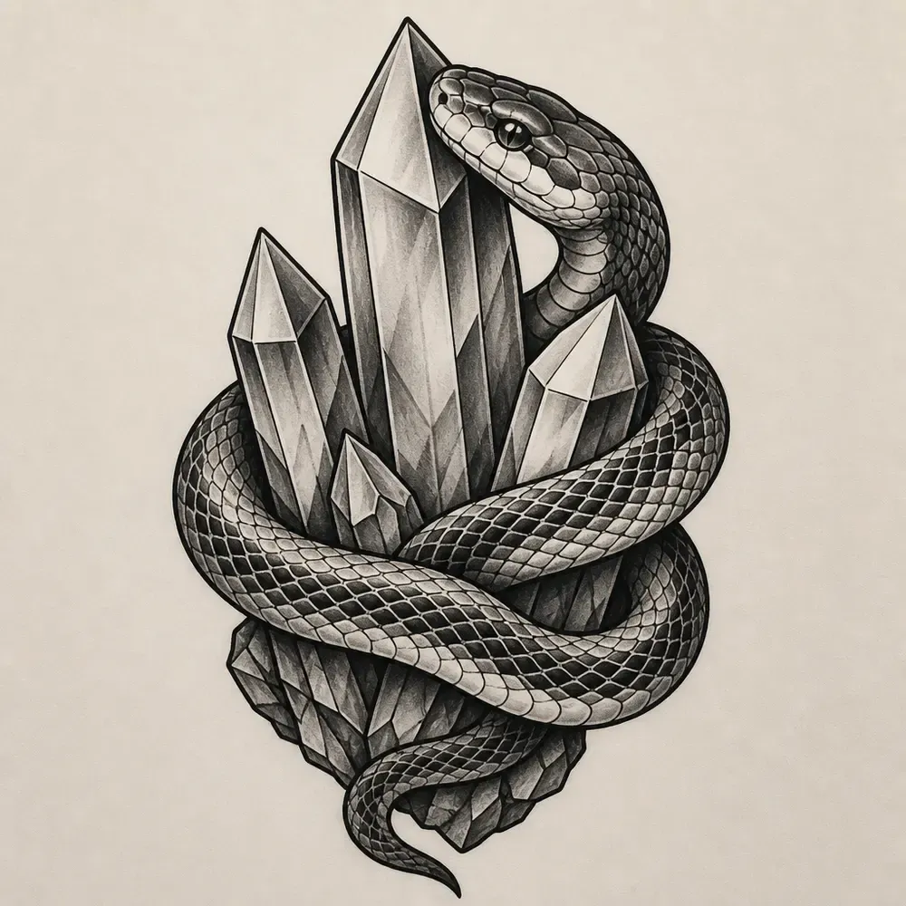 A black and grey snake wrapped around a cluster of pointed quartz crystals, its head resting against the tallest one.