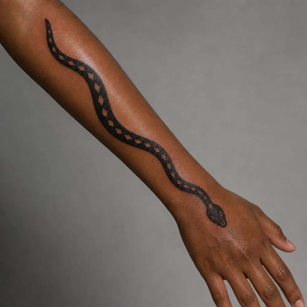 A solid black snake with open diamonds down its back, tattooed along the forearm of deep brown skin, head on the back of the hand.