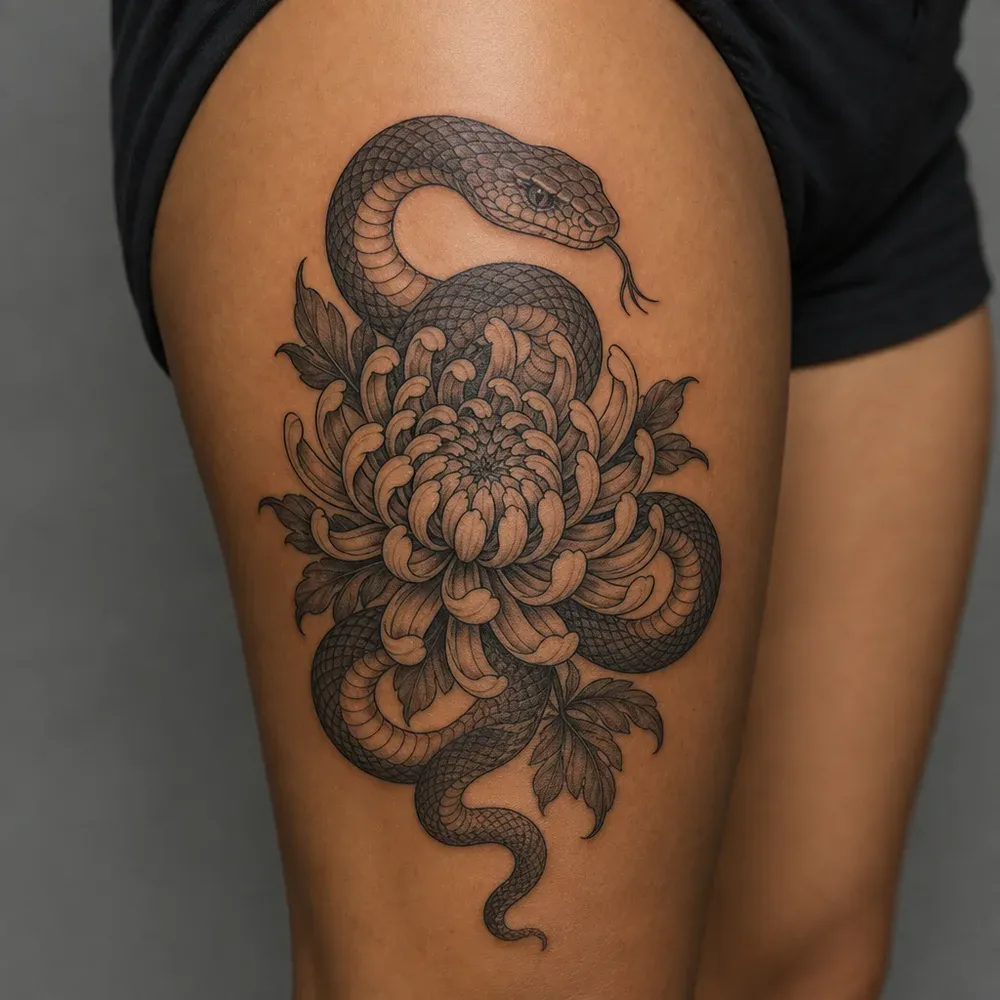 A Japanese style snake wrapped around a large chrysanthemum, tattooed on the outer thigh of medium brown skin.