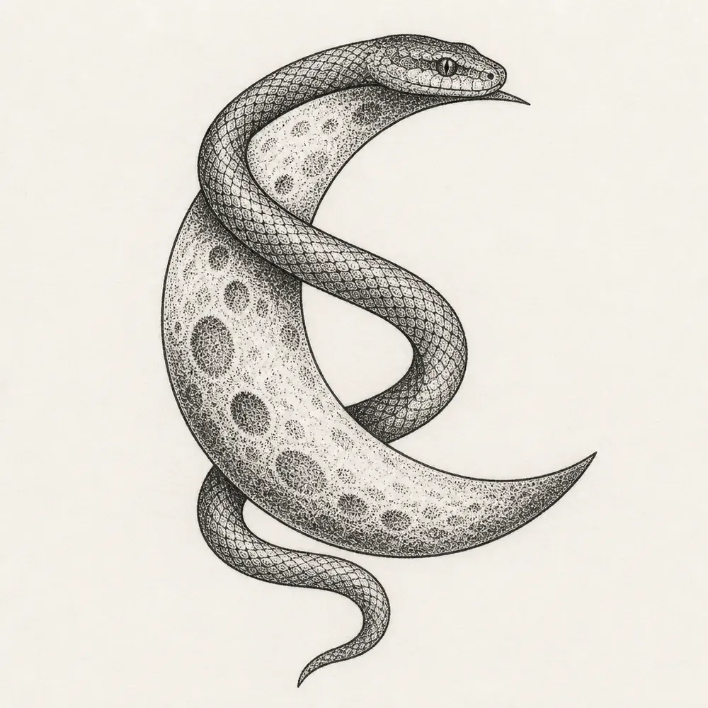 A slender stippled snake winding around a cratered crescent moon, its head raised above the upper tip and its tail below.