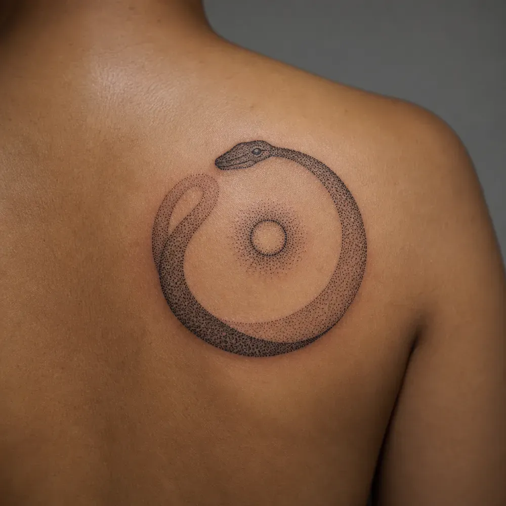 A stippled snake curled in an open circle around a small dotted sun, tattooed on the shoulder blade of warm medium tan skin.