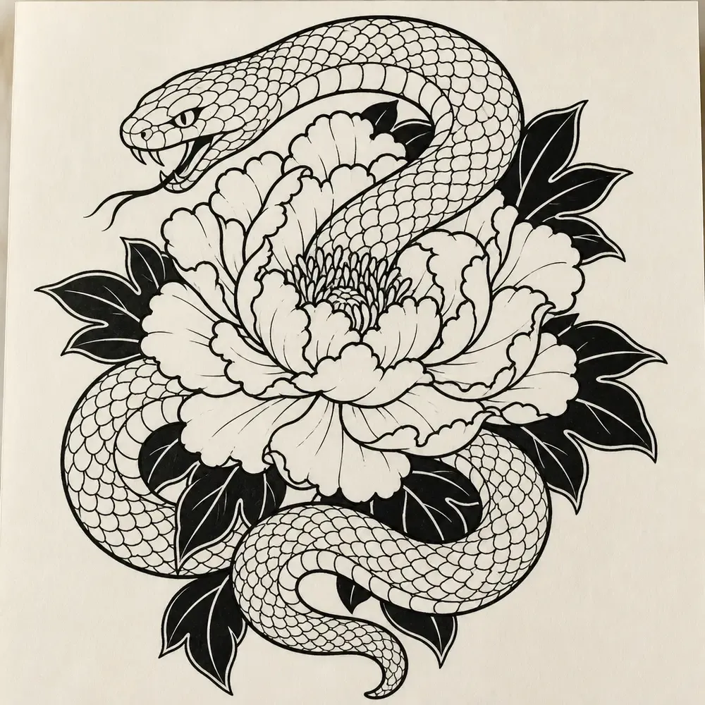 A Japanese style snake curving over and around a large open peony, solid black leaves behind, head at the upper left.