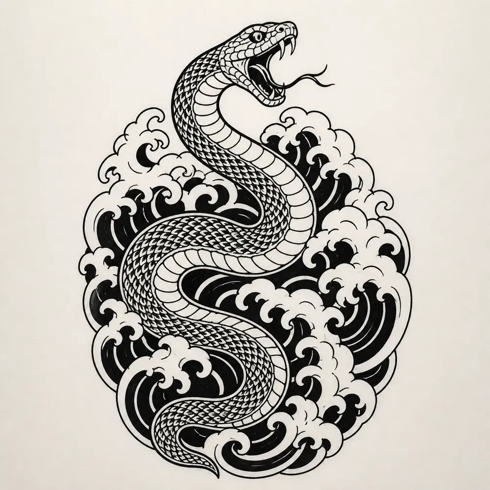 A Japanese style snake rising in an S-curve through black curling waves, mouth open with fangs and tongue at the top.