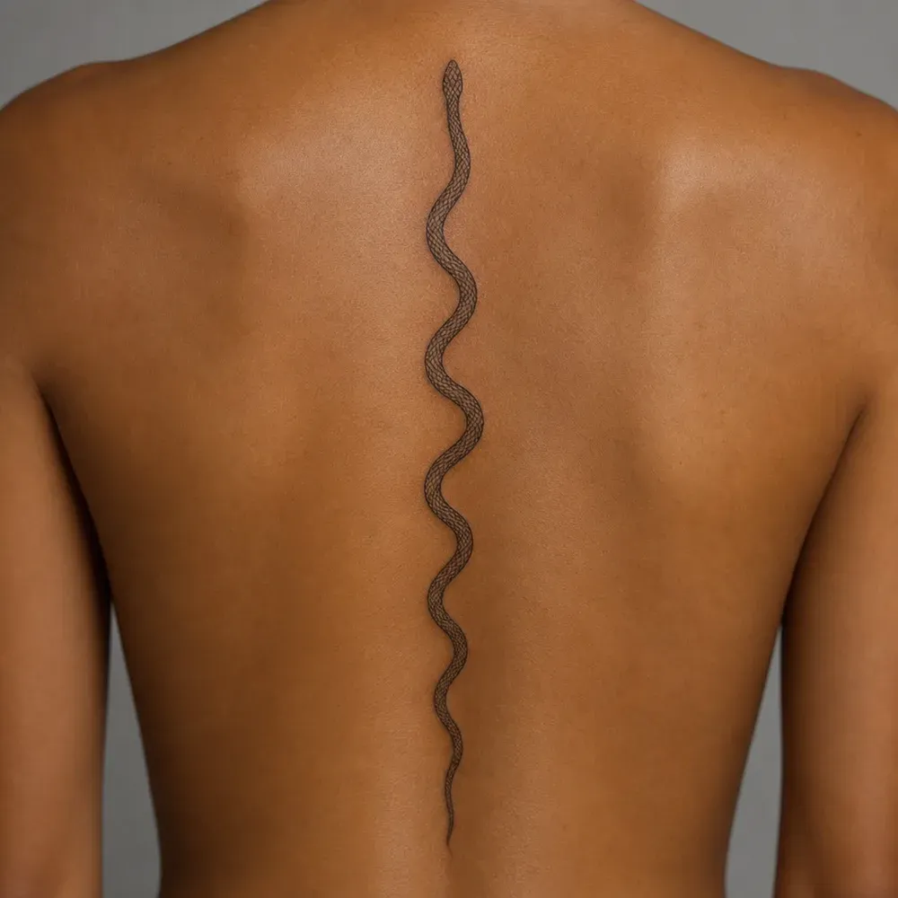 A long slender fine-line snake tattooed straight down the spine in small waves, head at the top, on warm brown skin.