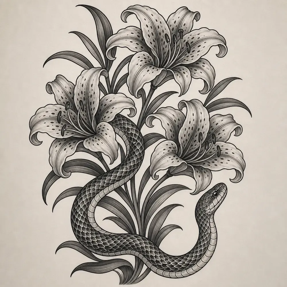 A black and grey snake winding up through a cluster of spotted tiger lilies and long leaves, its head at the lower right.
