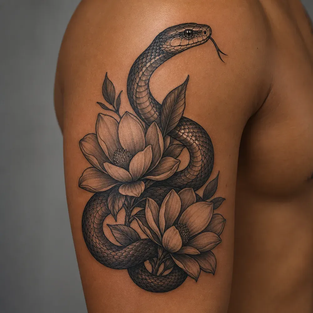 A black and grey snake with its head raised above two magnolia flowers, tattooed on the outer upper arm of warm brown skin.