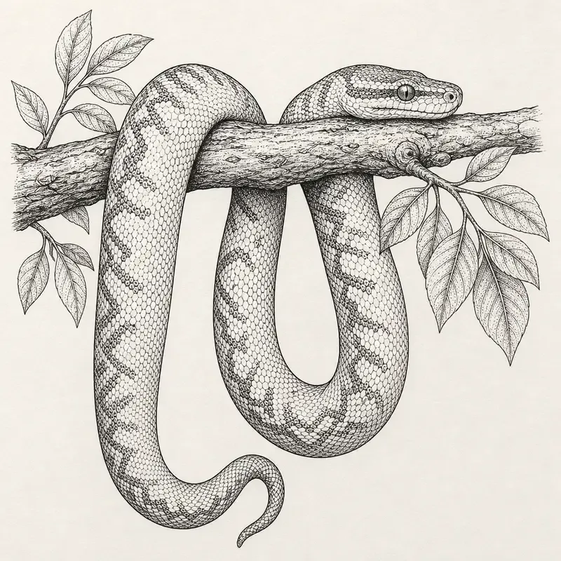 A patterned python draped over a leafy branch, its body hanging in two loops below and its head resting on top.