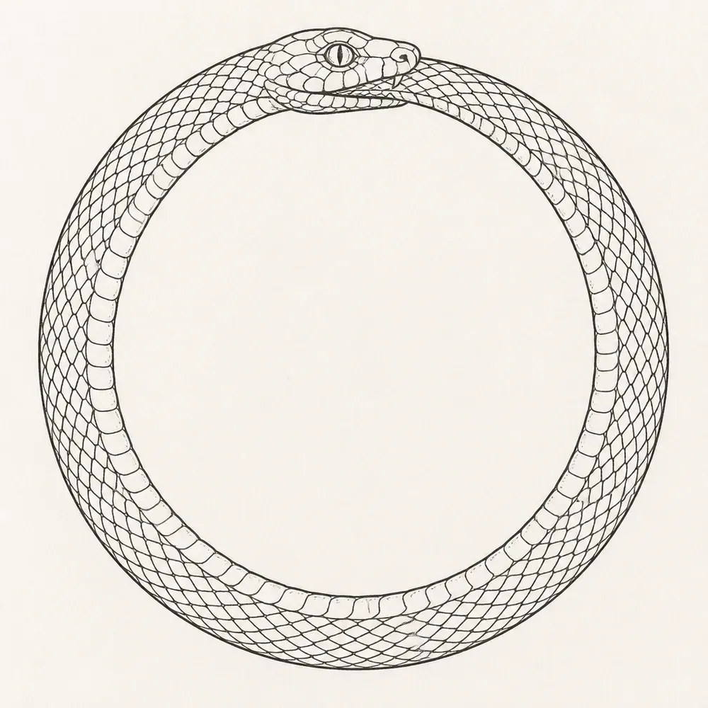 A snake forming a closed circle in fine black line, its head at the top meeting its own body, scales drawn all the way round.