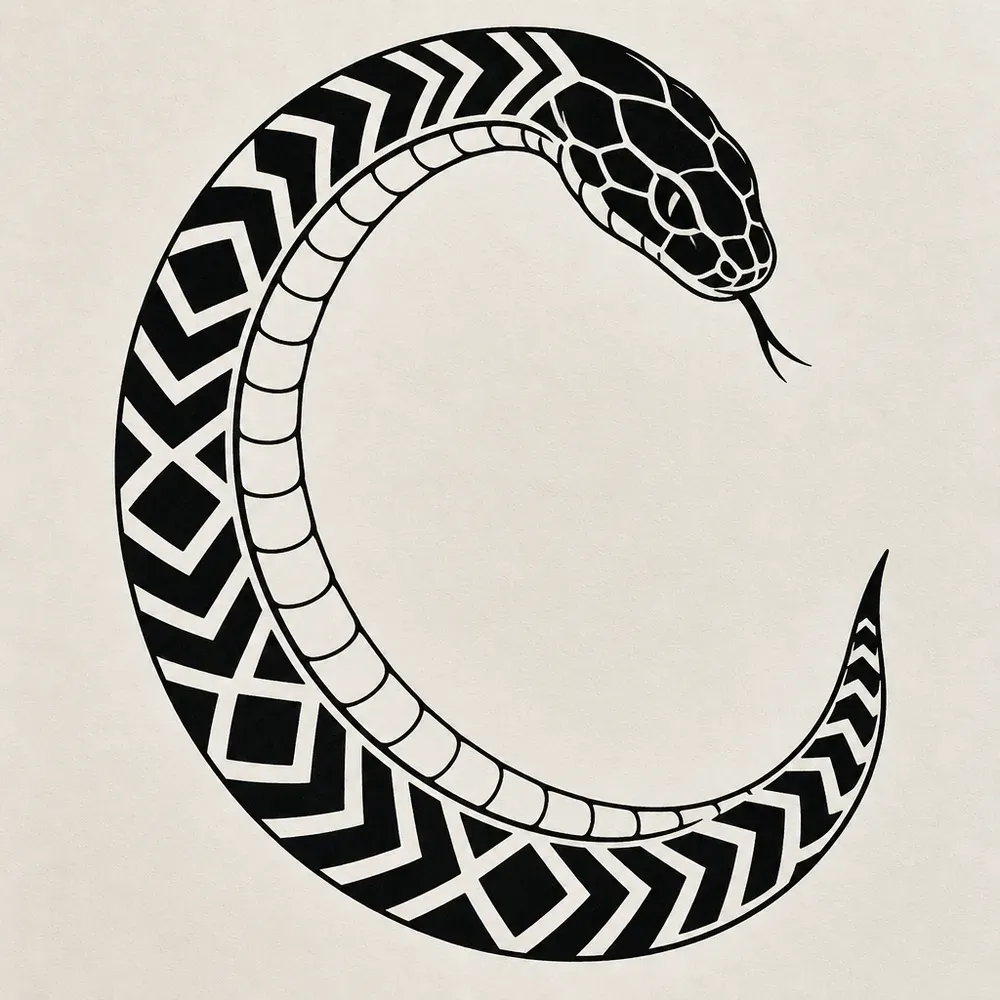 A thick snake in one open C curve, its back filled with bold black chevrons and diamonds, its belly left as plain outline.