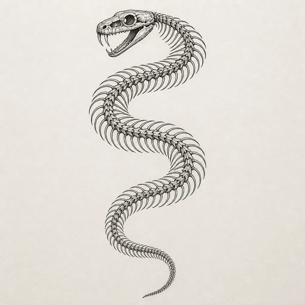 A snake skeleton in a long vertical S, a fanged skull at the top and a chain of fine ribbed vertebrae tapering to the tail.