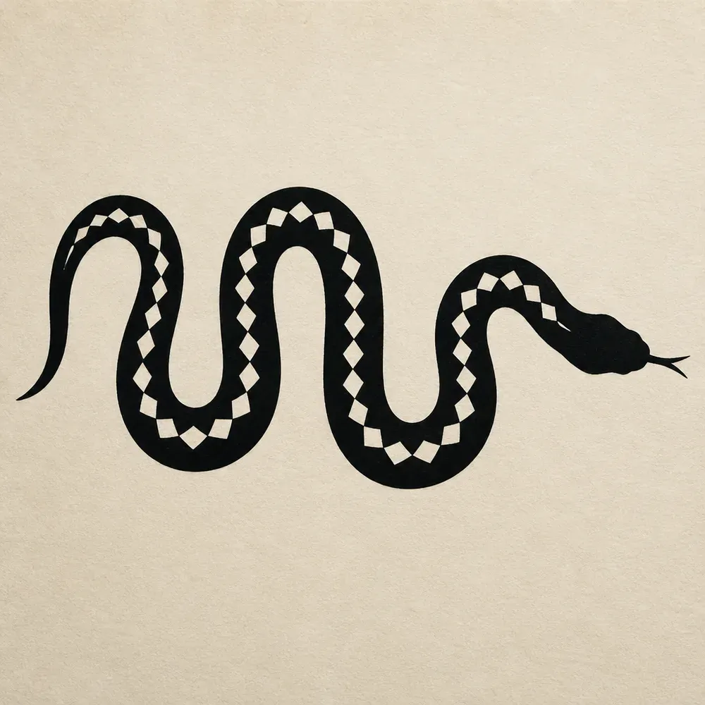 A solid black snake in a low horizontal wave, a row of small open diamonds along its back and a forked tongue at the right.