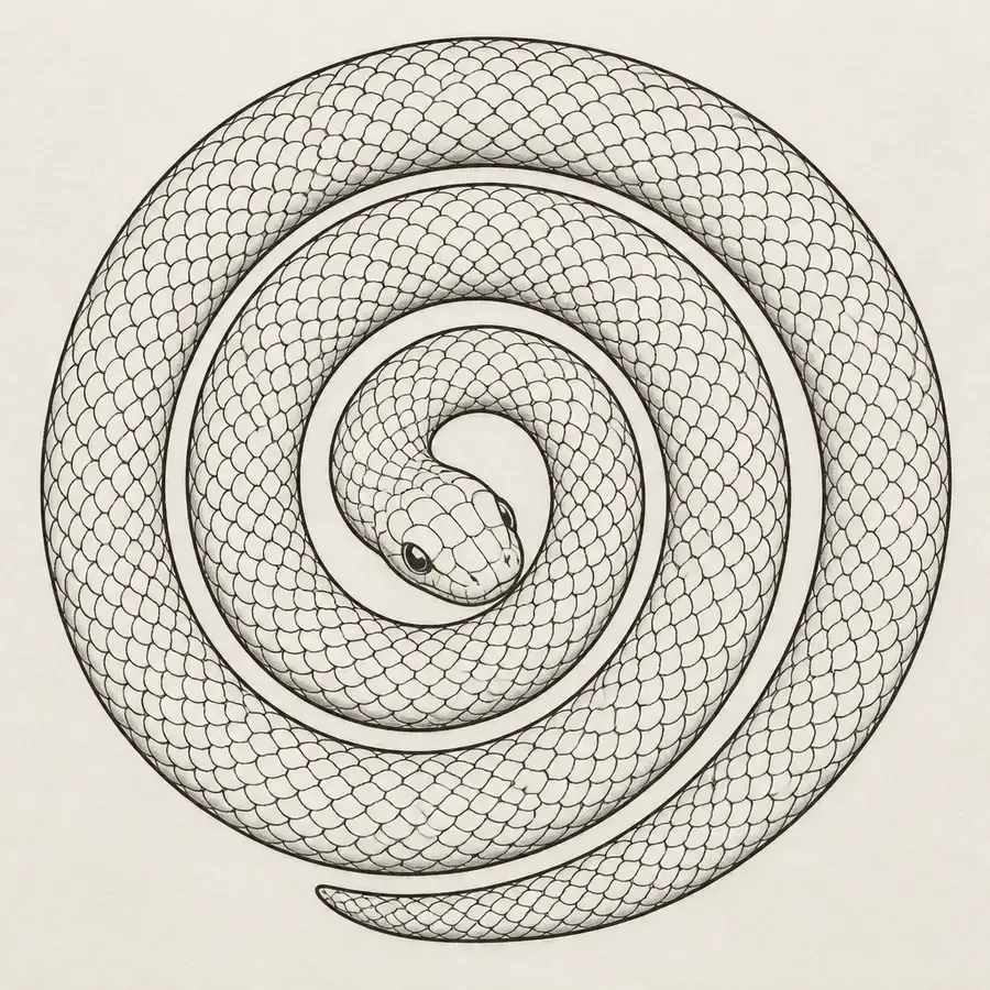 A snake lying in a flat spiral seen from above, three turns of fine scaled body winding inward to its head at the centre.