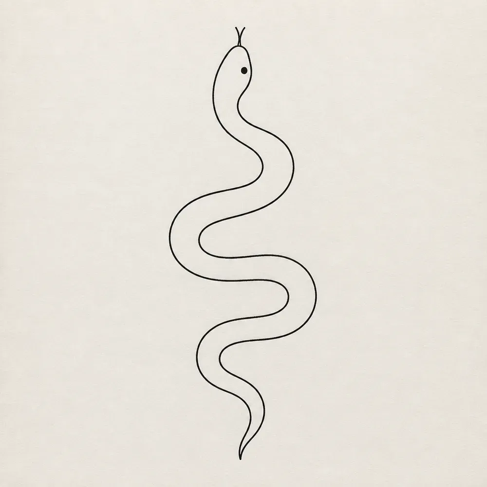 A tiny snake drawn as a single thin outline in a wavy vertical line, one dot for the eye and a small forked tongue.