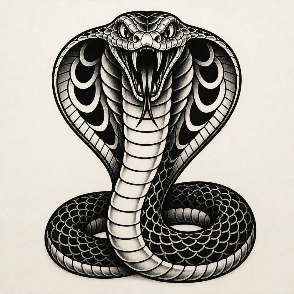 A traditional style cobra rearing up with its patterned hood spread wide, fangs showing, lower body in a coil at the base.
