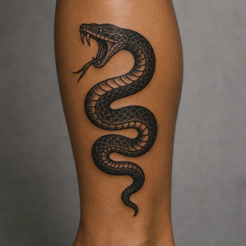 A traditional style black snake in a tall S-curve, mouth open with fangs, tattooed on the back of the calf of warm brown skin.