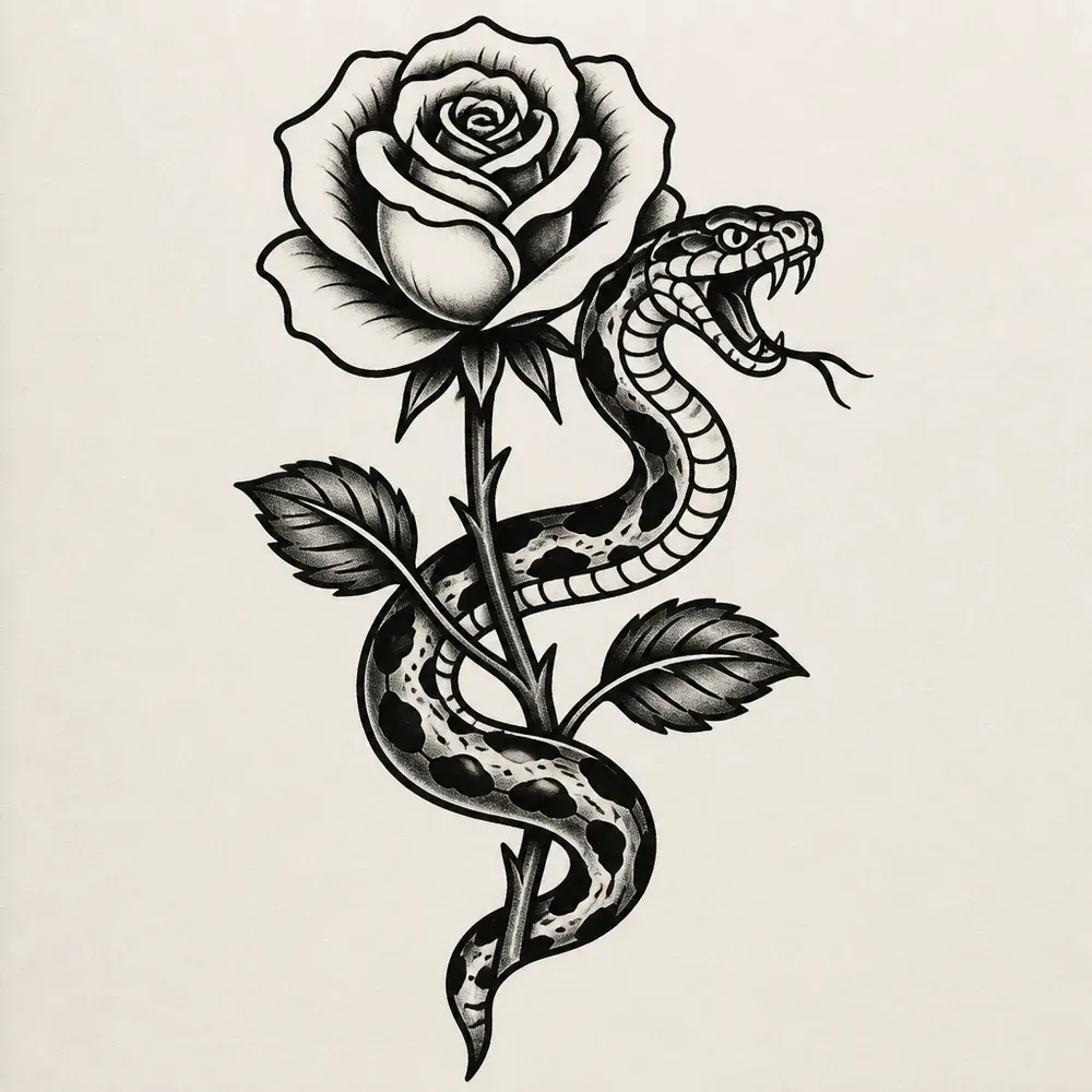 A traditional style spotted snake wound around a thorny rose stem, fangs bared beside the bloom, two leaves on the stem.