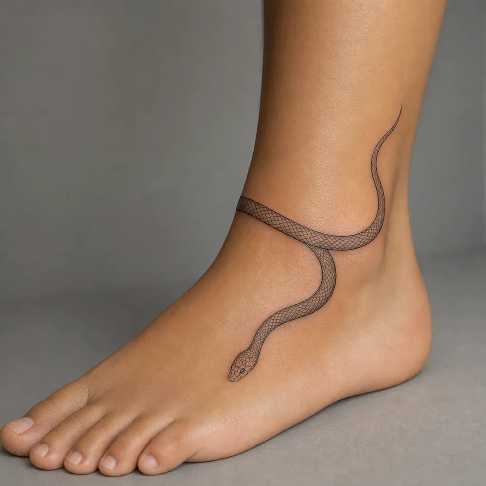 A fine-line snake tattooed once around the ankle of light tan skin, its head resting on the top of the foot.