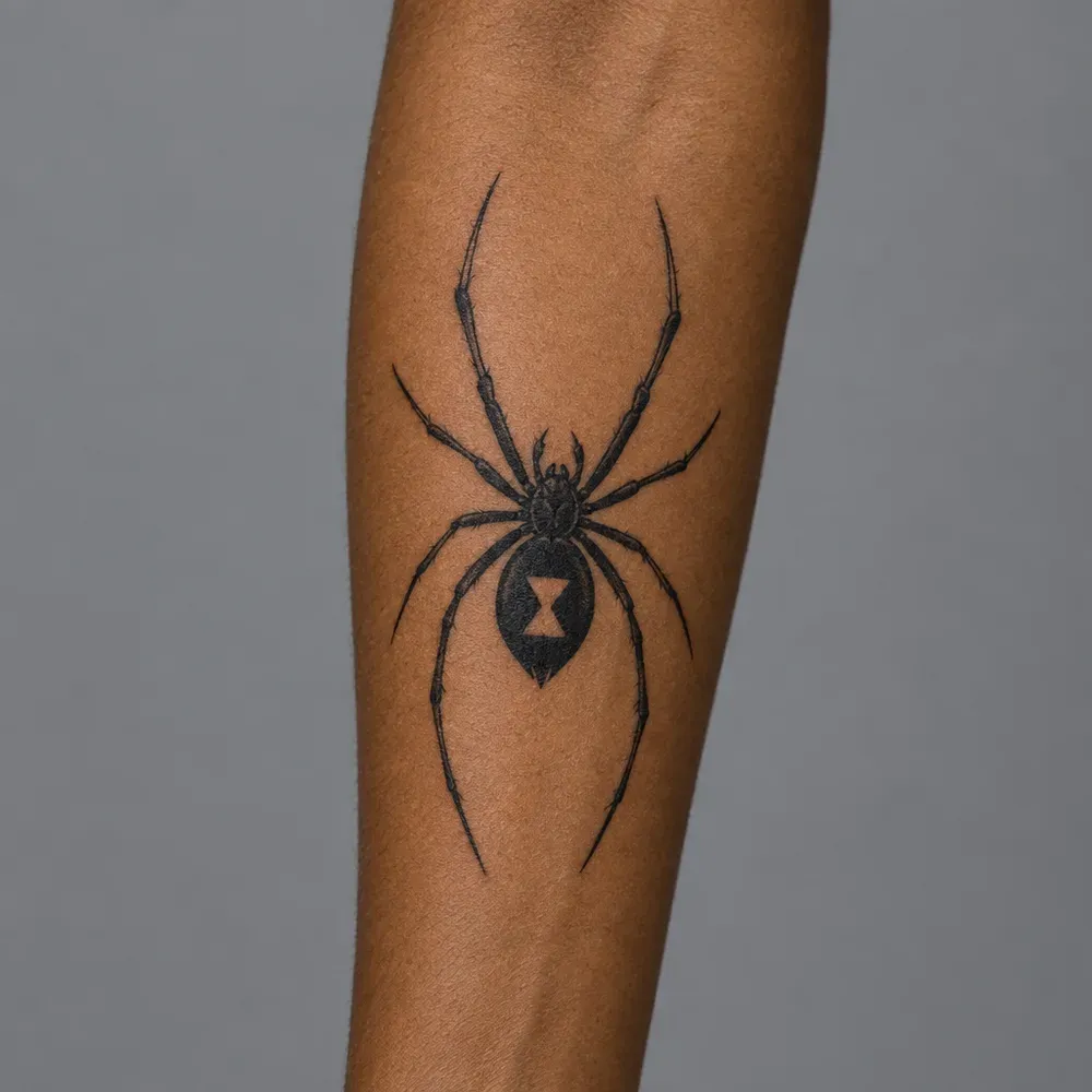 A blackwork spider with an unfilled hourglass, tattooed on the inner forearm of warm brown skin.