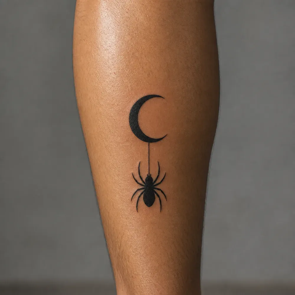 A solid black spider hanging on a thread from a small crescent moon, tattooed on the back of the calf on warm olive tan skin.