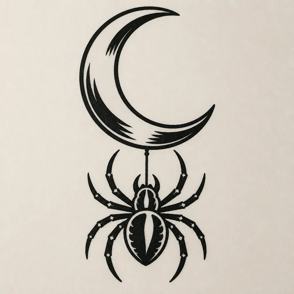 A bold black spider hanging on a short thread from a crescent moon, both drawn in thick outline with solid black fills.
