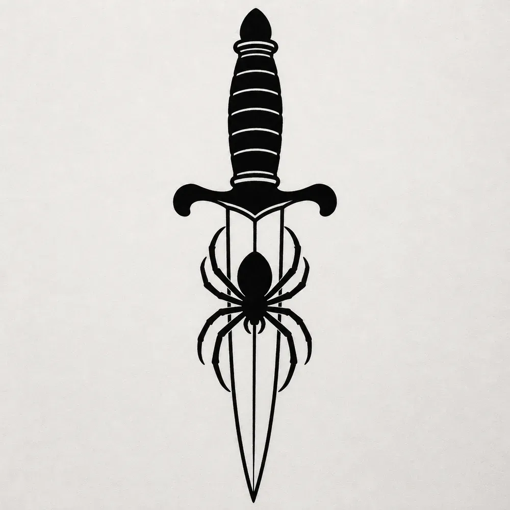 A solid black spider clinging to the blade of a downward dagger, just below a black crossguard and a ribbed black grip.