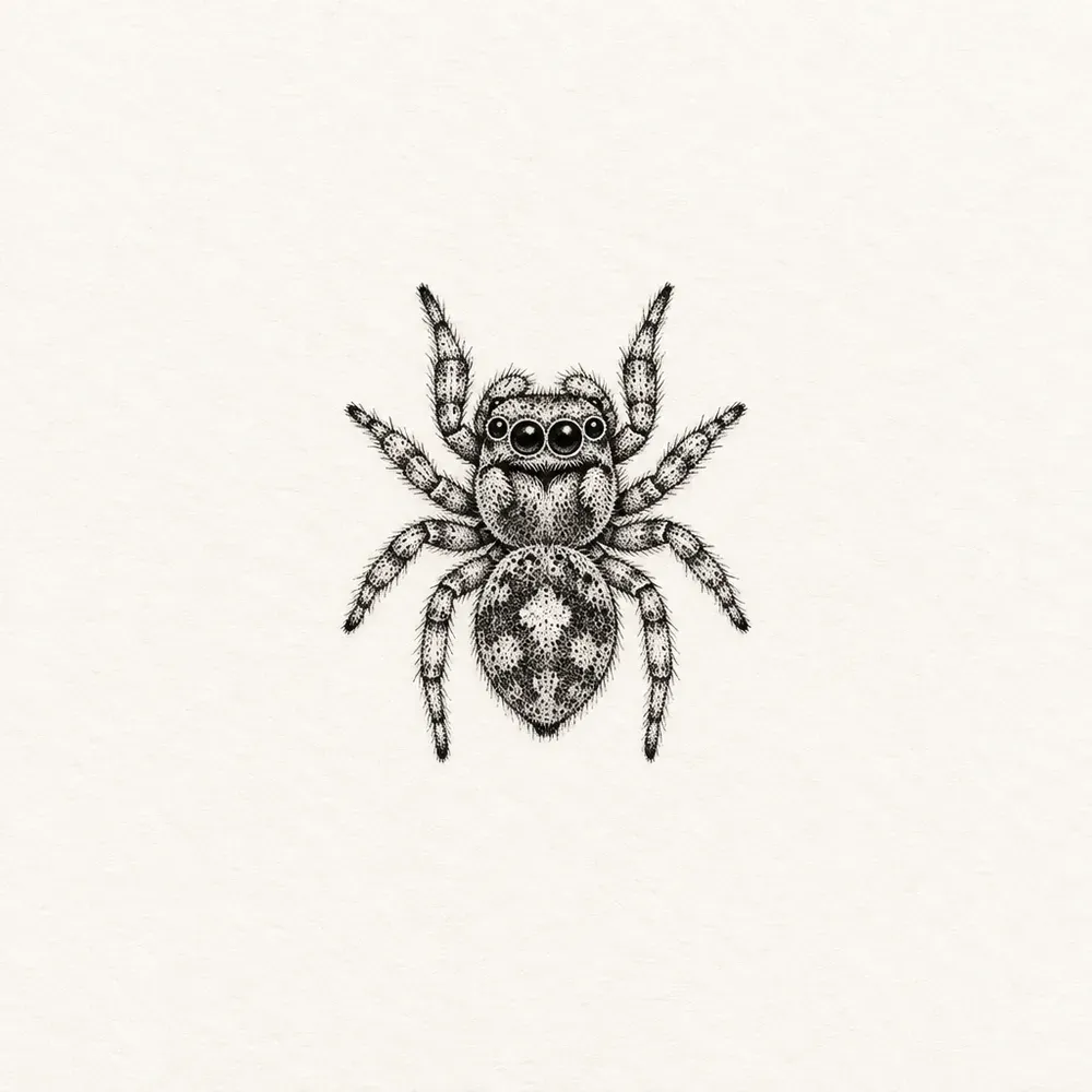 A jumping spider seen from above, its body and legs built from fine stippled dots.