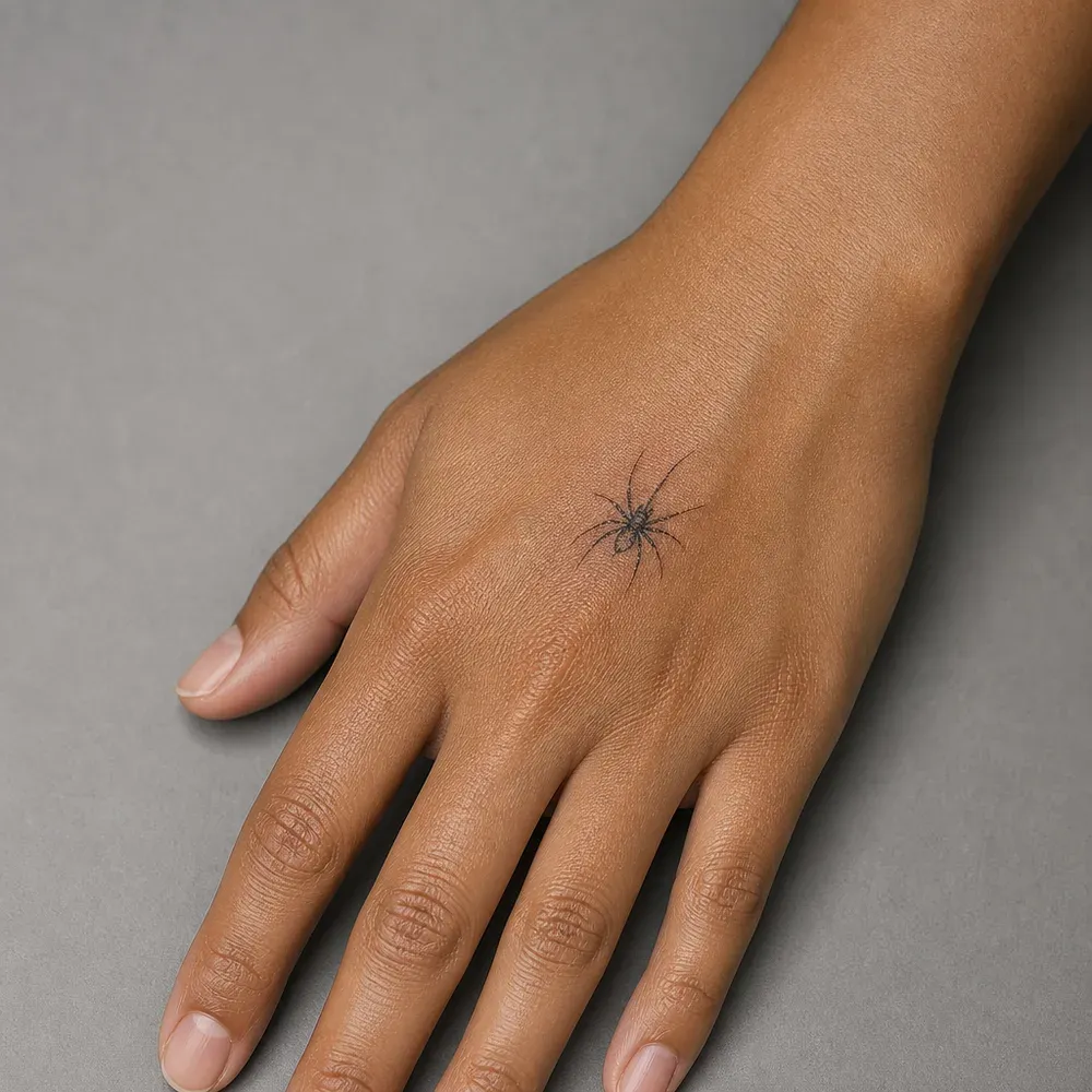 A tiny line-drawn spider tattooed on the back of the hand, on warm brown Filipino skin.