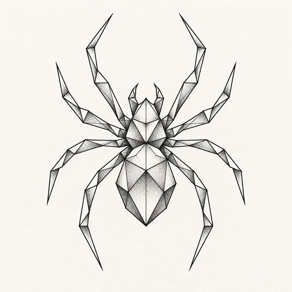 A spider built from flat geometric facets, its legs made of straight angled segments.