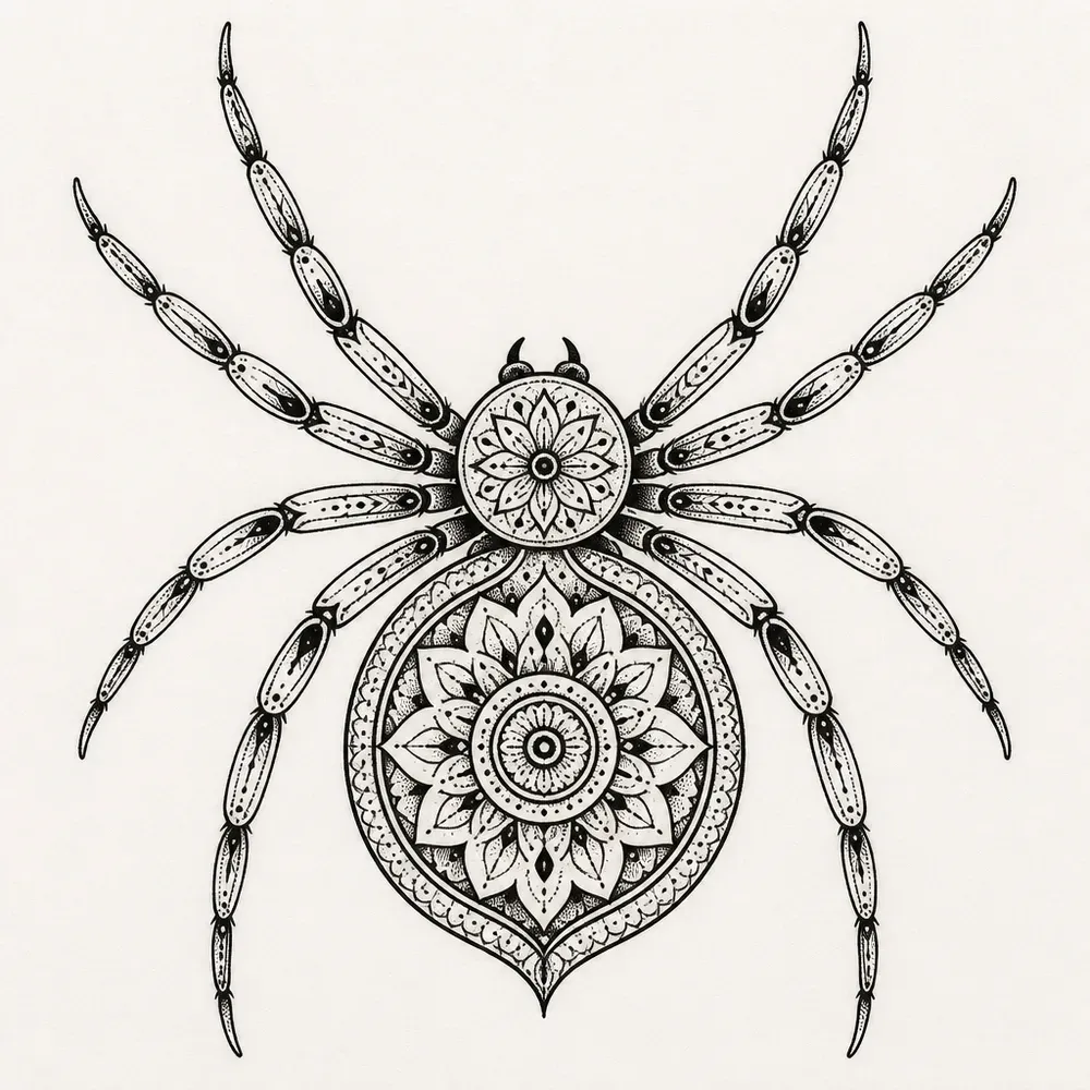 A symmetrical spider seen from above, its round abdomen filled with a petalled mandala and its eight legs patterned with dots.