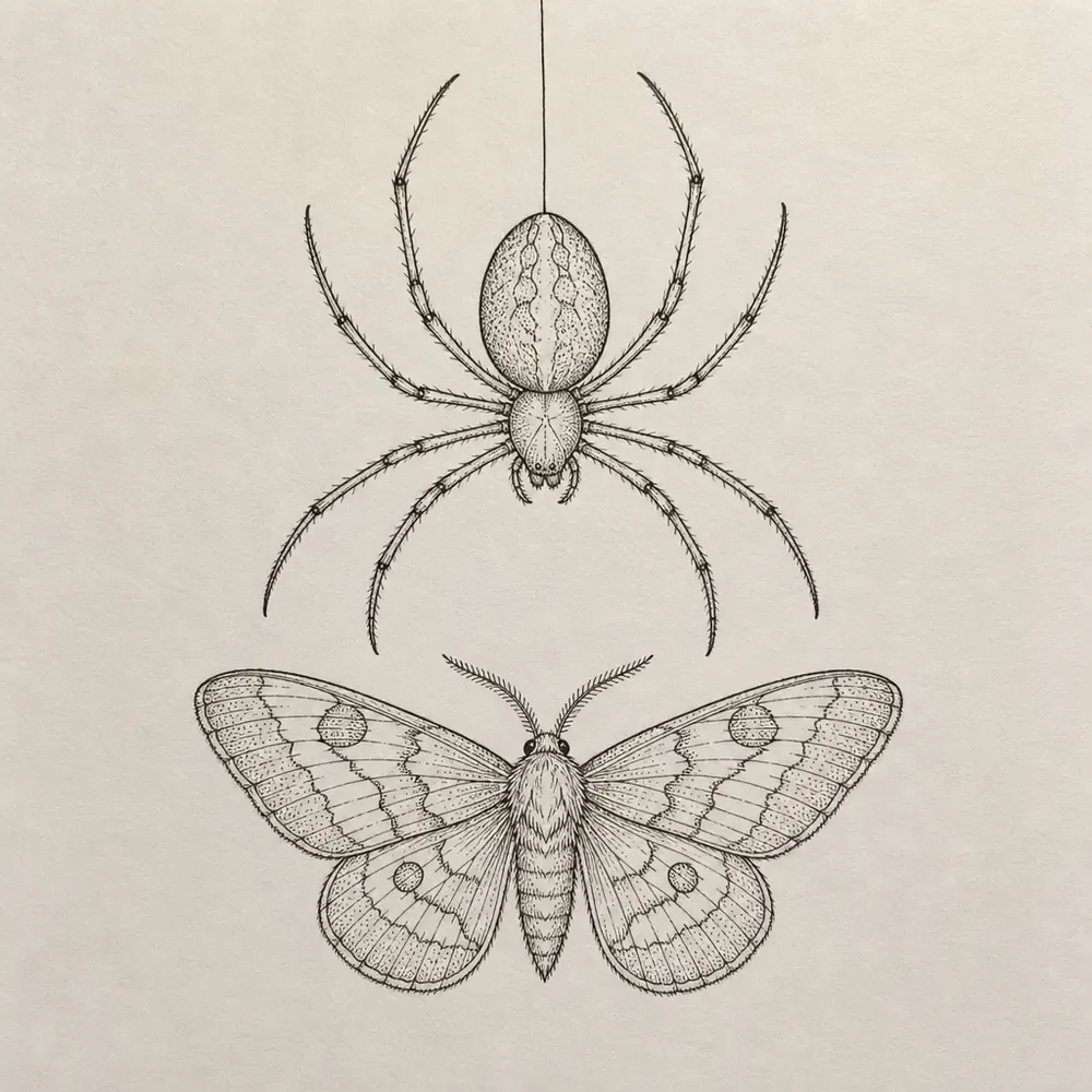 A fine-line spider hanging head down on a thread above a moth with open wings, the wing markings and bodies lightly stippled.