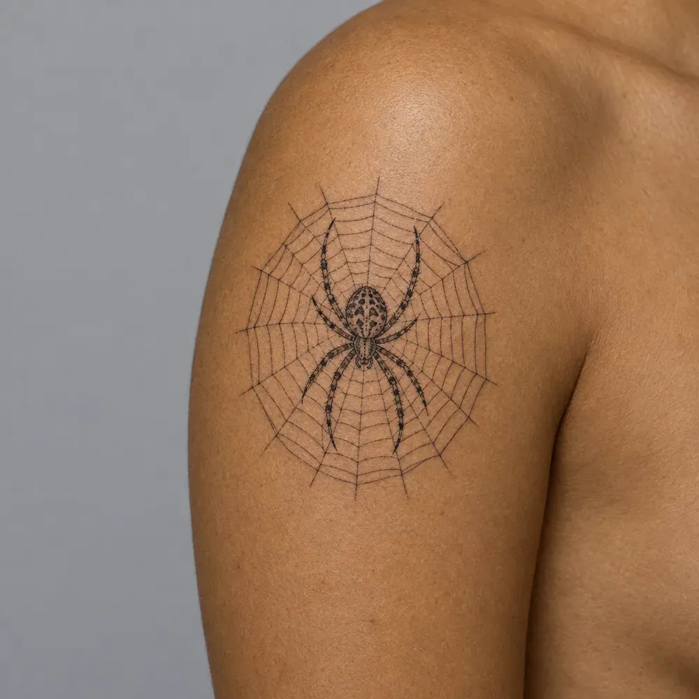 An orb-weaver on its round web, tattooed on the outer upper arm of olive skin.