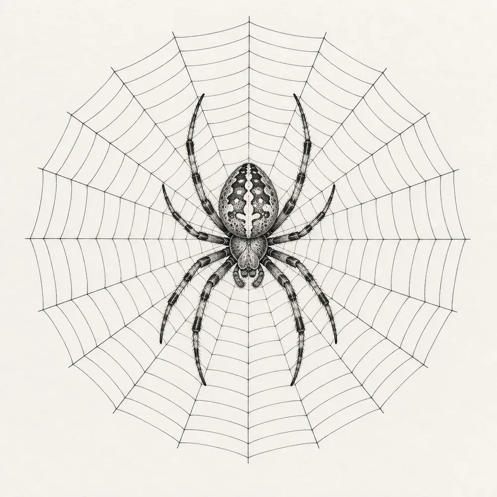 An orb-weaver spider at the centre of a full round web drawn in fine line.
