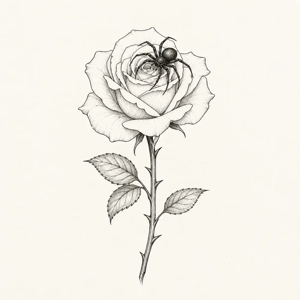 A small spider resting on the open head of a shaded rose with two leaves.