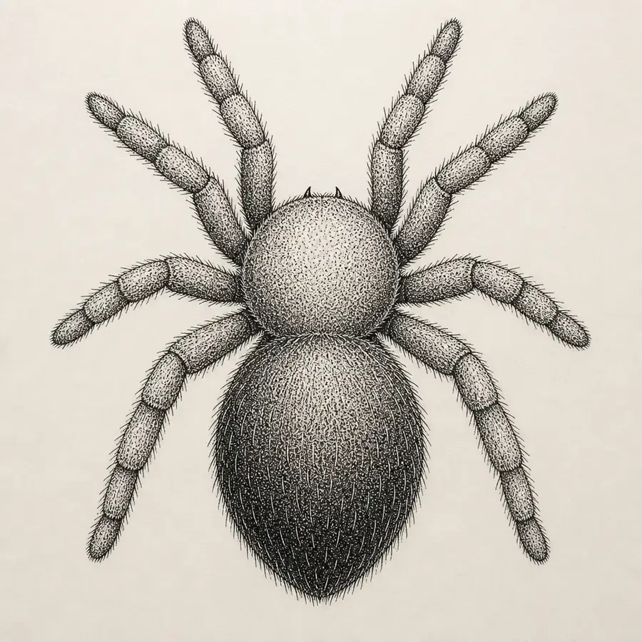A tarantula seen from above, its hairy legs and heavy oval abdomen built from stippled black dots, four legs on each side.