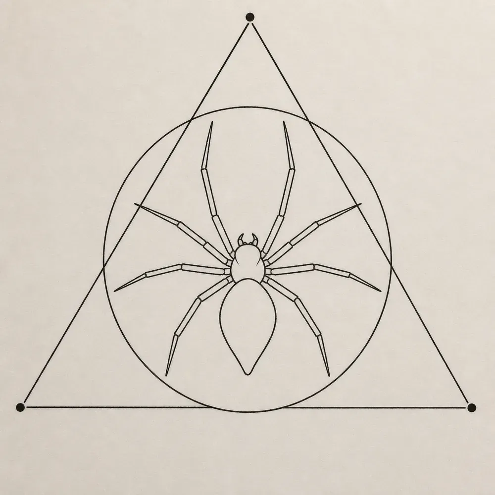 A fine-line spider in outline at the centre of a thin circle, set inside a large triangle with a dot at each of its corners.