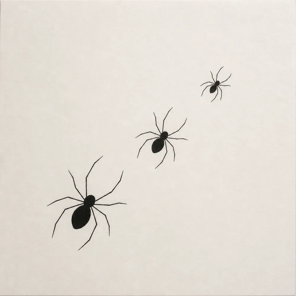 Three small solid black spiders with thin line legs walking in a diagonal up the sheet, each one smaller than the one before it.