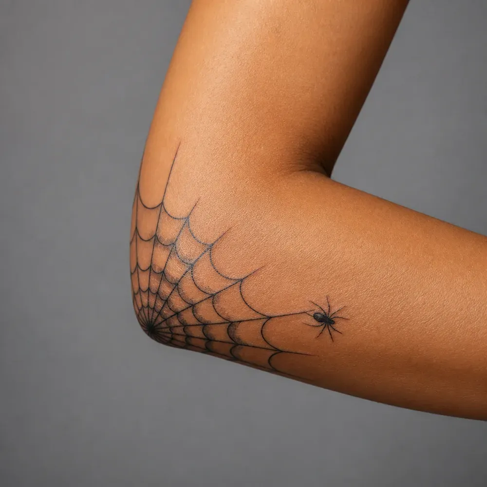 A quarter web radiating from the point of the elbow with a small spider at its edge, on medium brown skin.