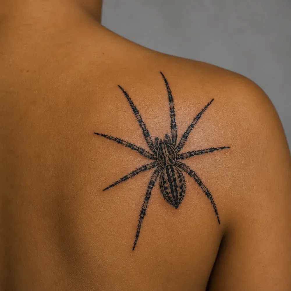 A hatched wolf spider with a striped body and long legs, tattooed on the shoulder blade of medium brown skin, seen from behind.