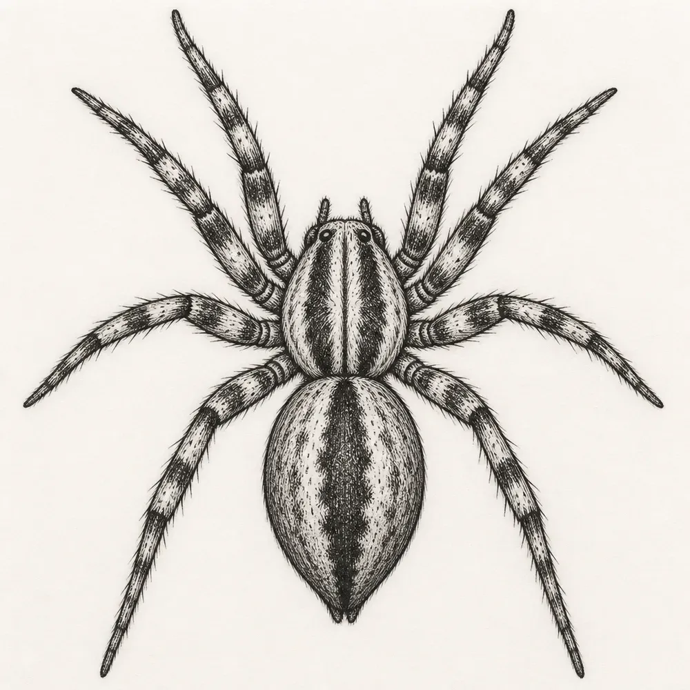 A wolf spider seen from above in fine hatched line, a striped head section, a dark central band on the abdomen and banded legs.