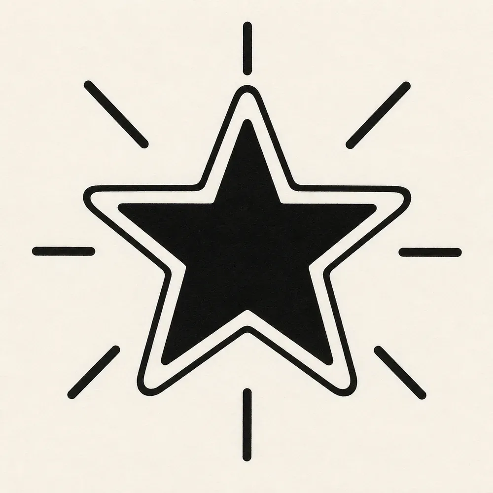 A solid black five-pointed star with rounded points inside a thick black outline, eight short straight rays spaced evenly around it.
